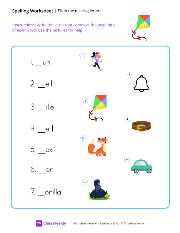 Fill in the missing letters - Kite worksheet preview
