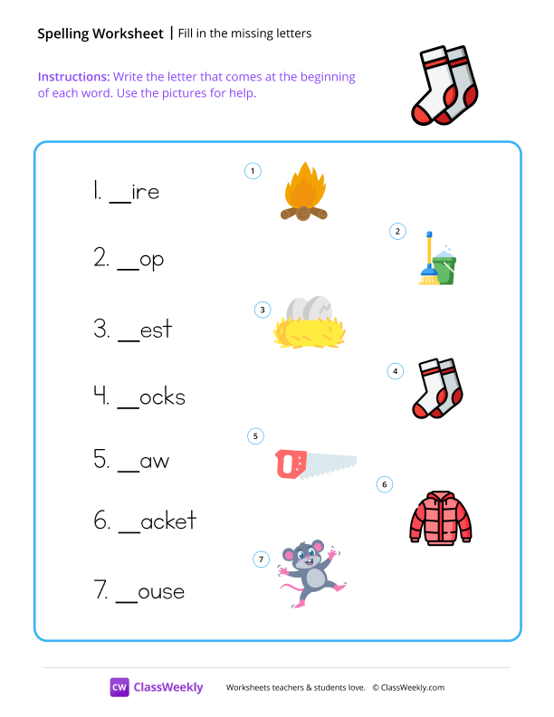 Fill in the missing letters - Socks worksheet preview