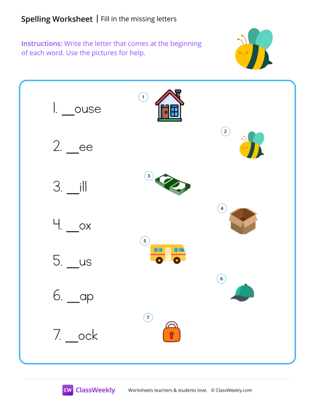 Fill in the missing letters - Bee worksheet preview