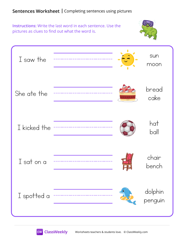 Completing Sentences With Pictures - Diving Frog worksheet preview