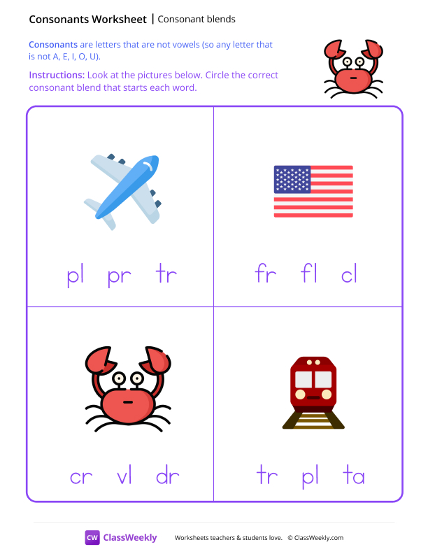 Consonant Blends - Crab worksheet preview