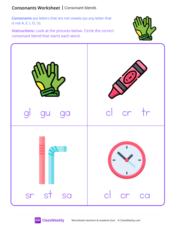 Consonant Blends - Gloves worksheet preview