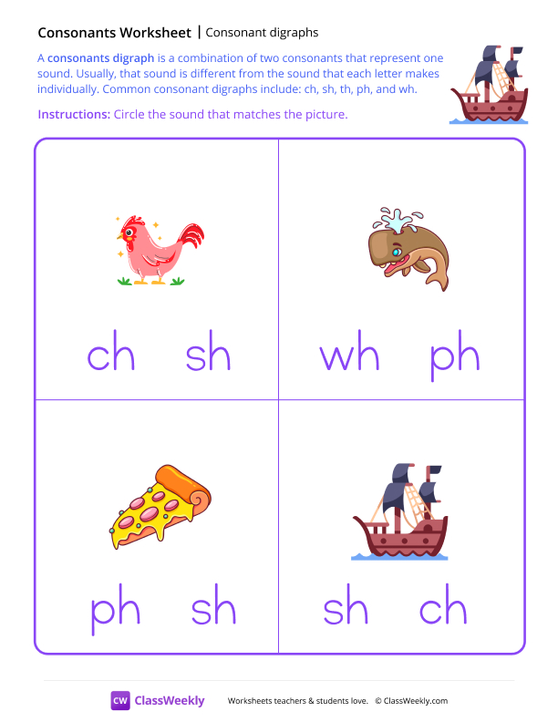Consonant Digraphs - Ship worksheet preview
