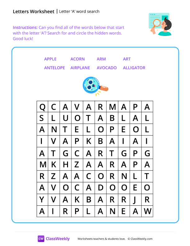 Letter A word search worksheet preview
