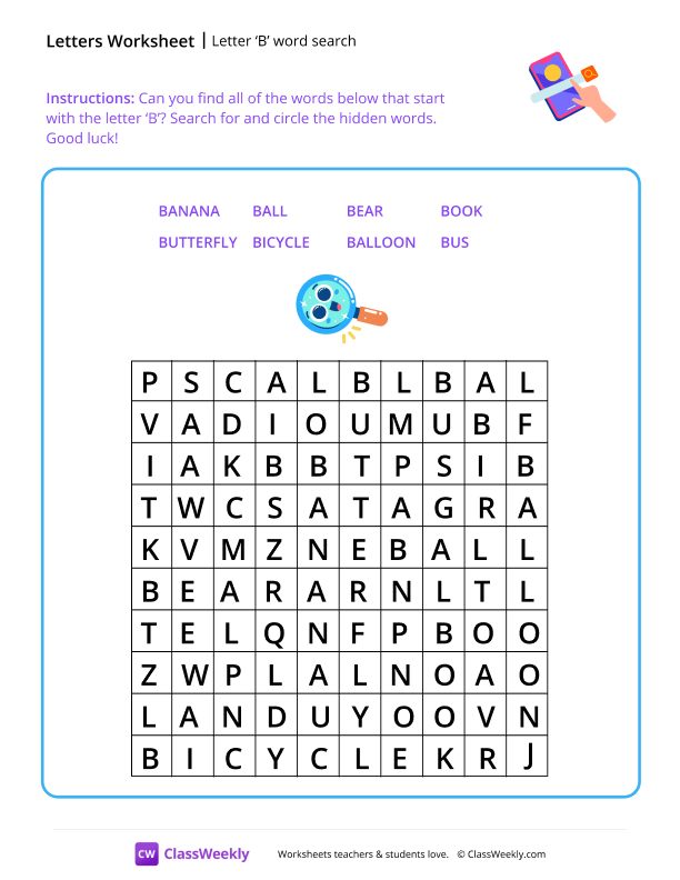 Letter B word search worksheet preview