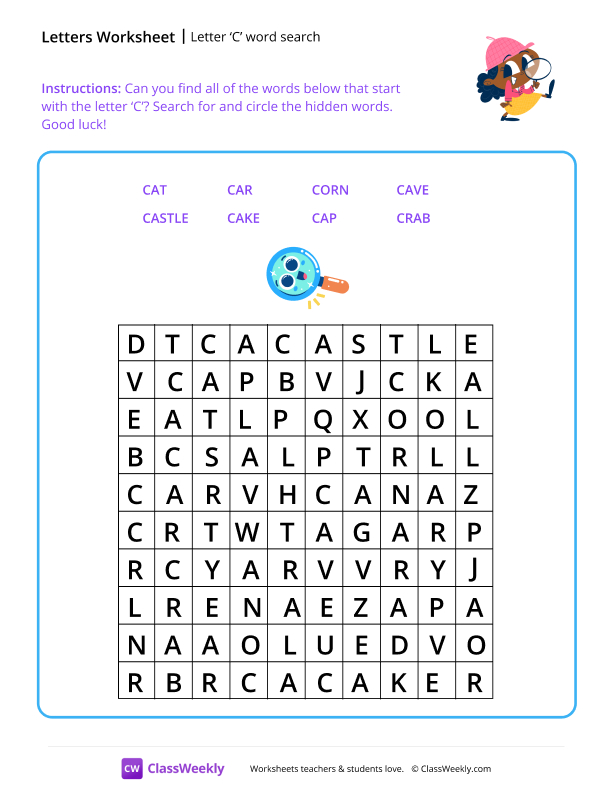 Letter C word search worksheet preview