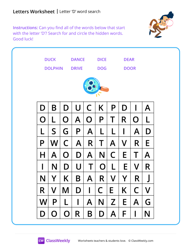 Letter D word search worksheet preview