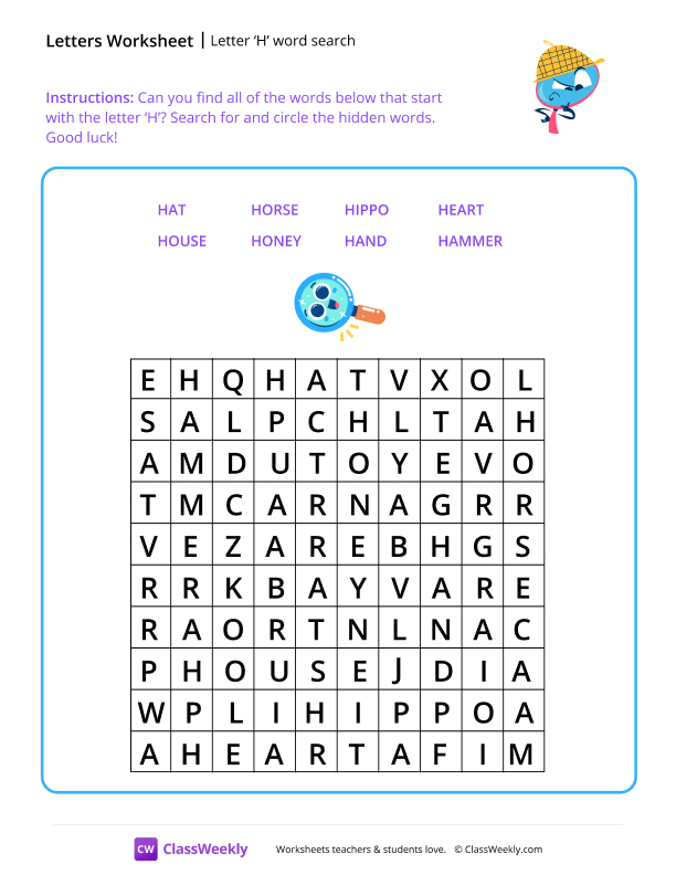 Letter H word search - Wondering worksheet preview