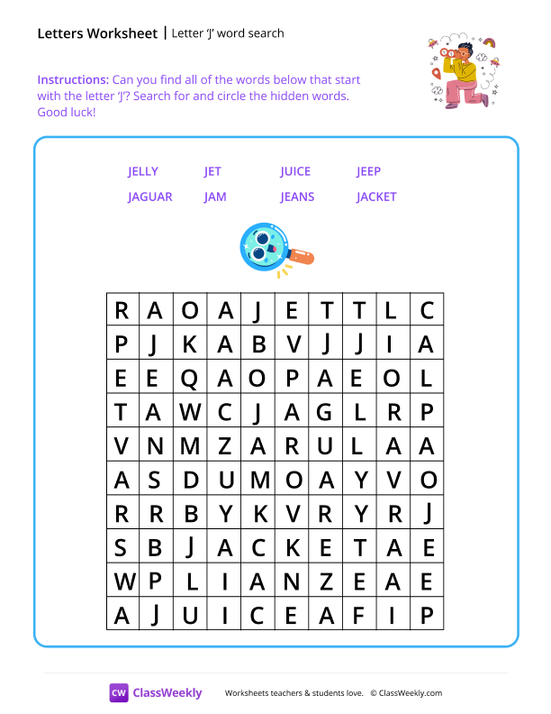 Letter J word search worksheet preview