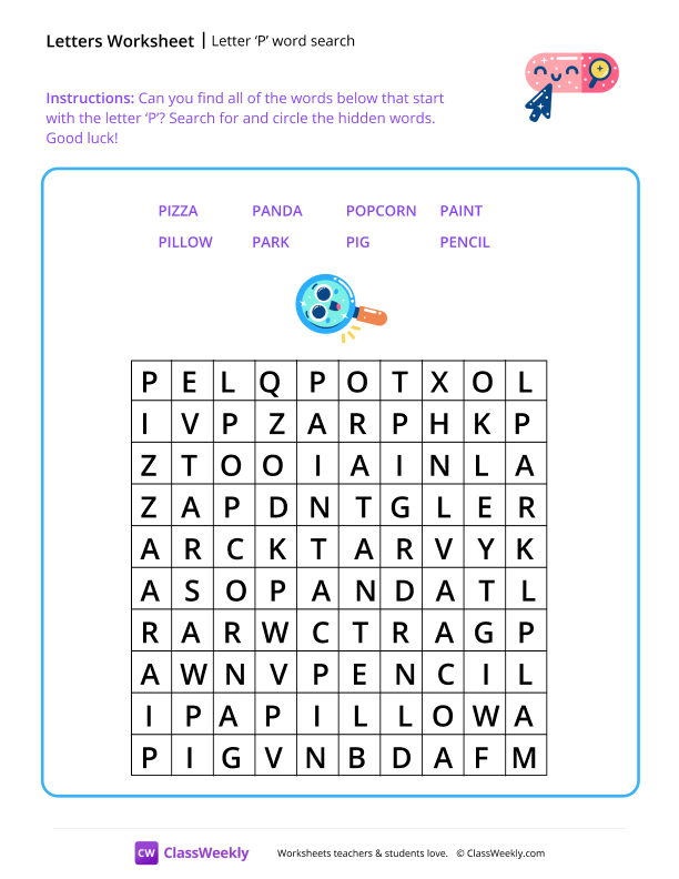Letter P word search worksheet preview