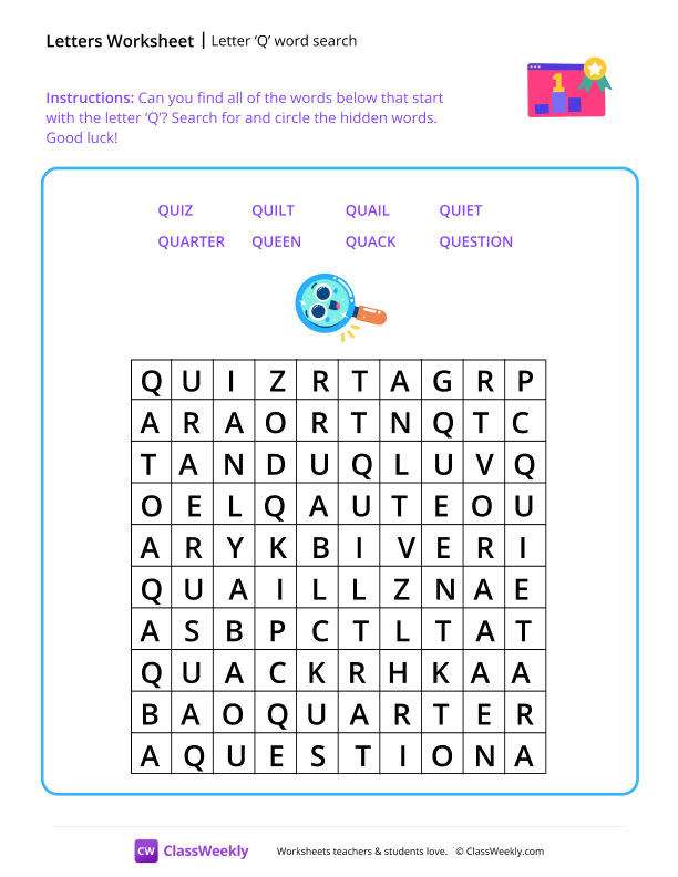 Letter Q word search - First Place worksheet preview