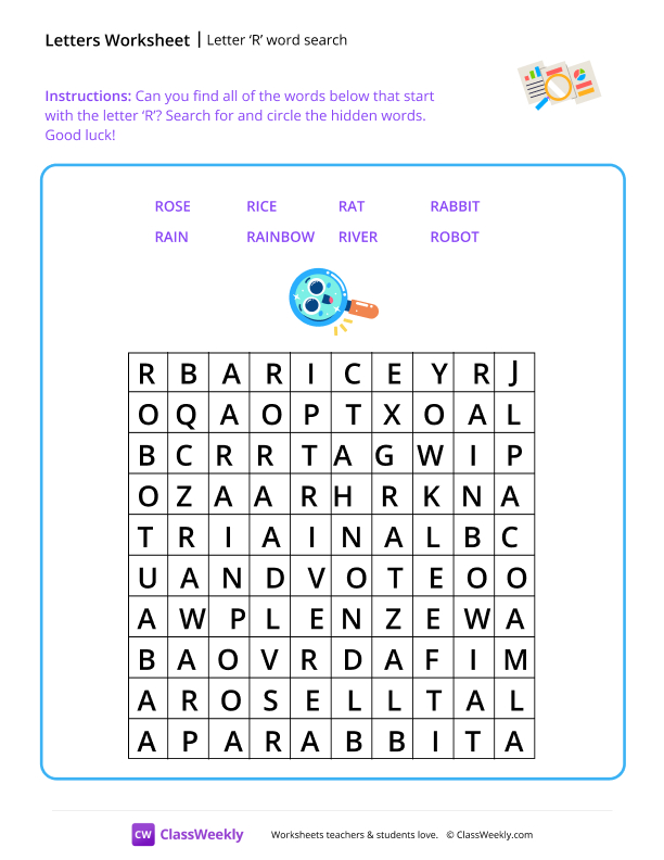 Letter R word search - Page Search worksheet preview