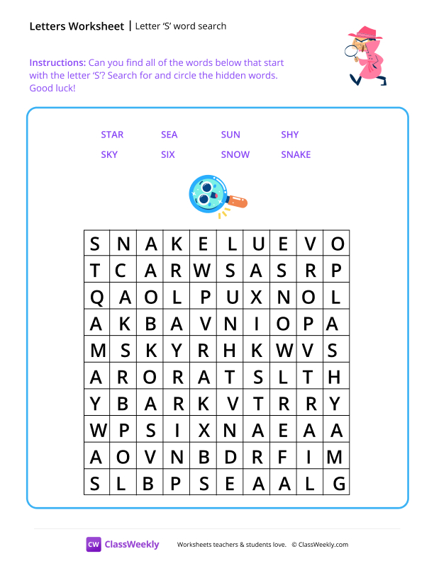 Letter S word search worksheet preview