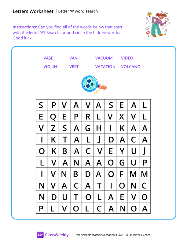 Letter V word search worksheet preview