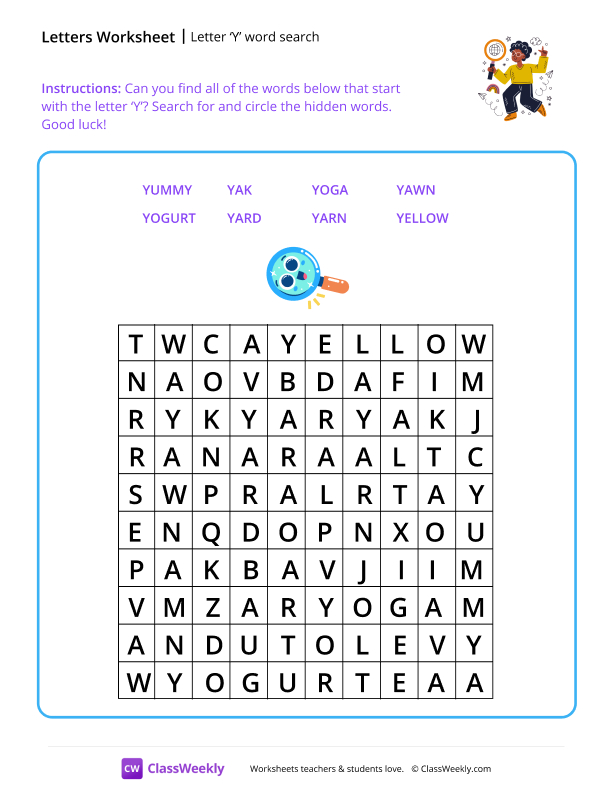 Letter Y word search - Happy Camper worksheet preview