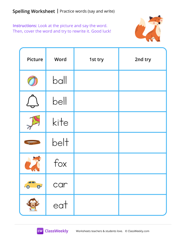 Practice words (say and write) - Fox worksheet preview