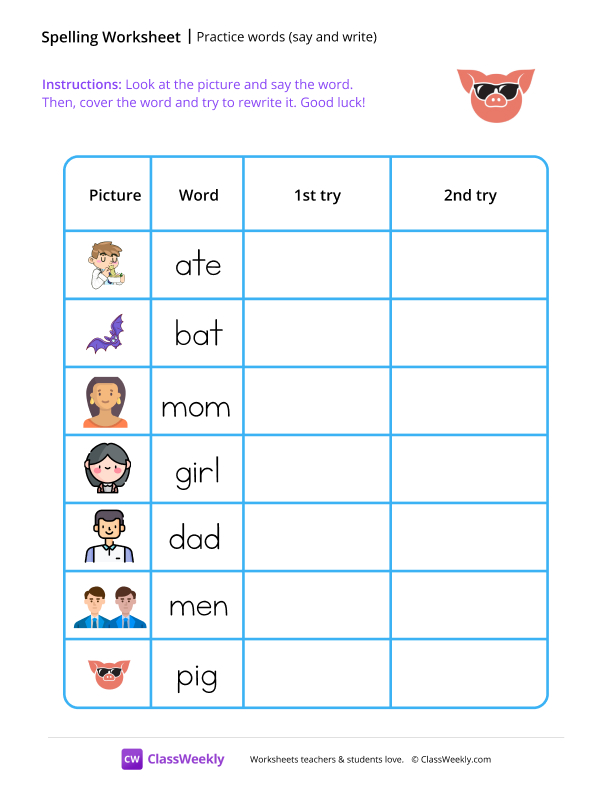 Practice words (say and write) - Hog worksheet preview