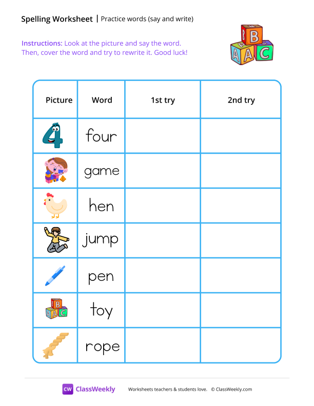 Practice words (say and write) worksheet preview