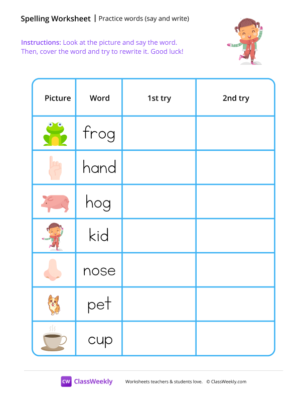 Practice words (say and write) - Happy Sam worksheet preview