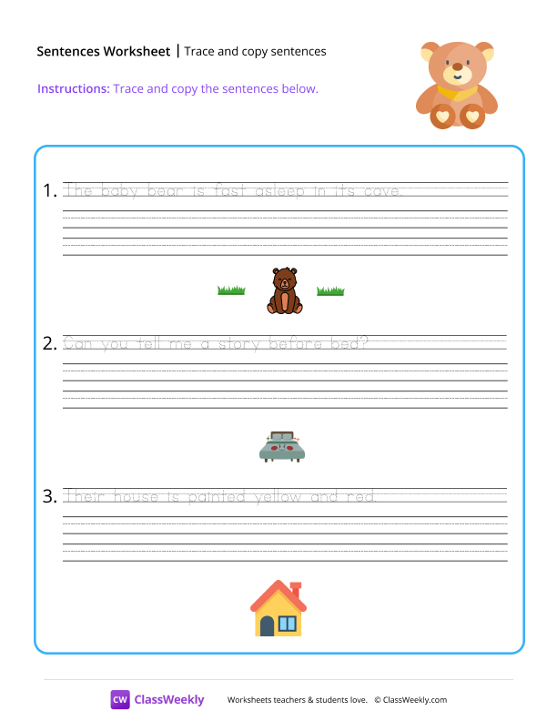 Trace and copy sentences - Bear worksheet preview