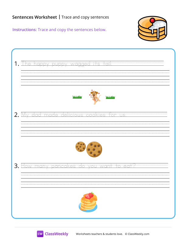 Trace and copy sentences - Pancakes worksheet preview