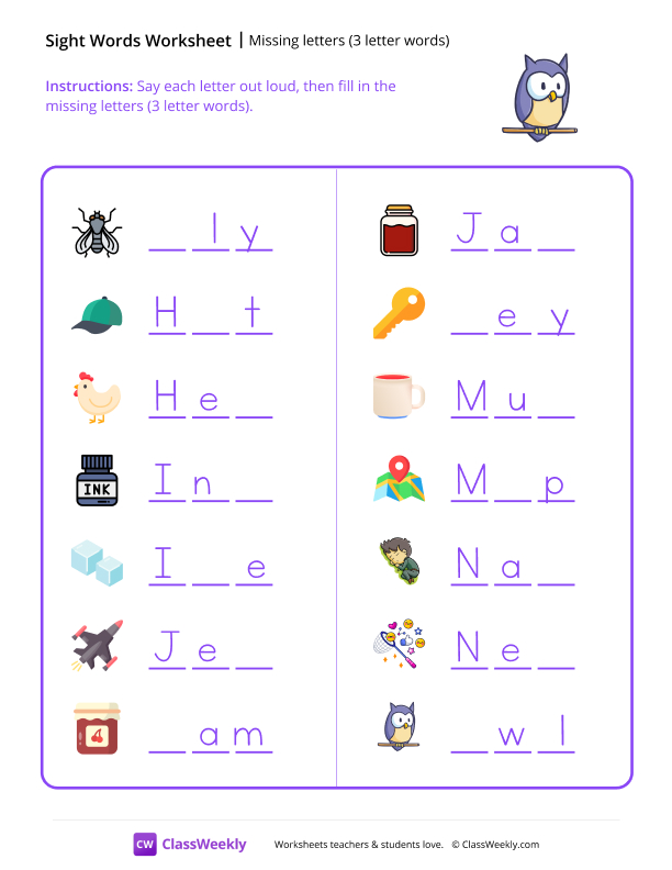 Missing letters (3 letter words) - Owl worksheet preview