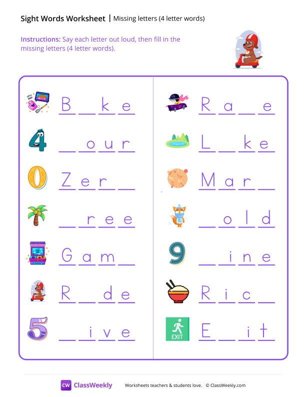 Missing letters (4 letter words) - Riding Pup worksheet preview