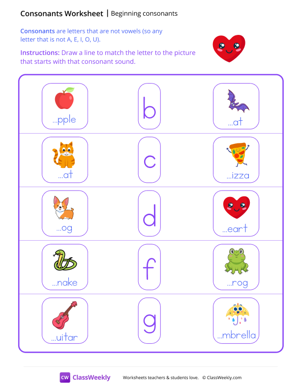 Beginning Consonants - Heart worksheet preview