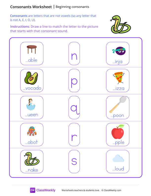 Beginning Consonants - Snake worksheet preview