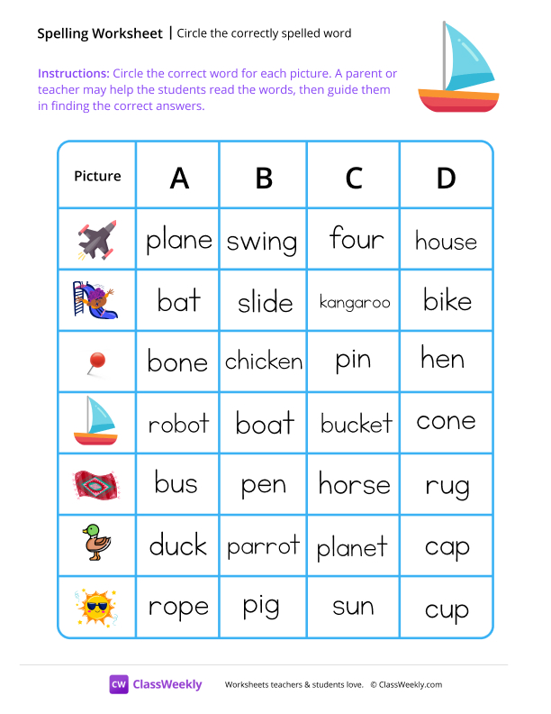 Circle the correctly spelled word - Boat worksheet preview