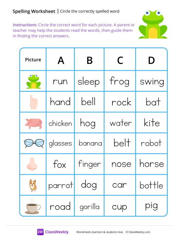 Circle the correctly spelled word - Frog worksheet preview