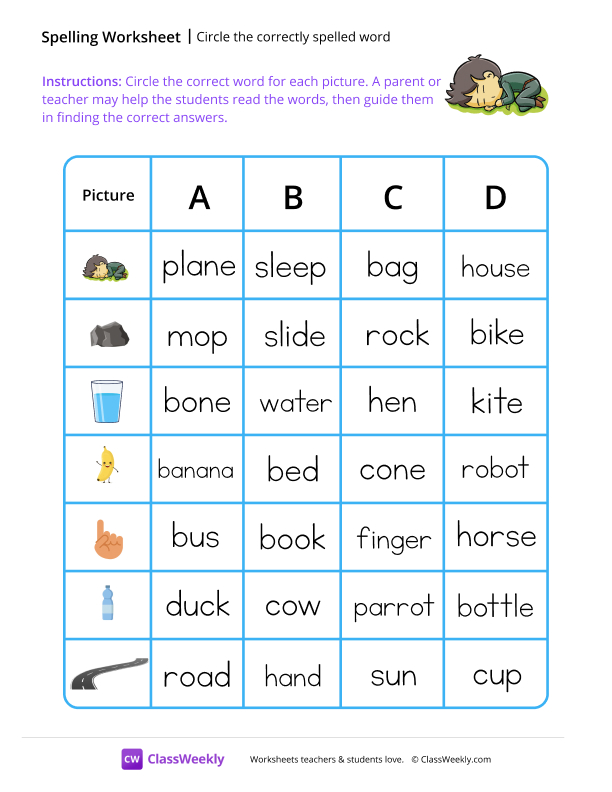 Circle the correctly spelled word - Sleepy Max worksheet preview