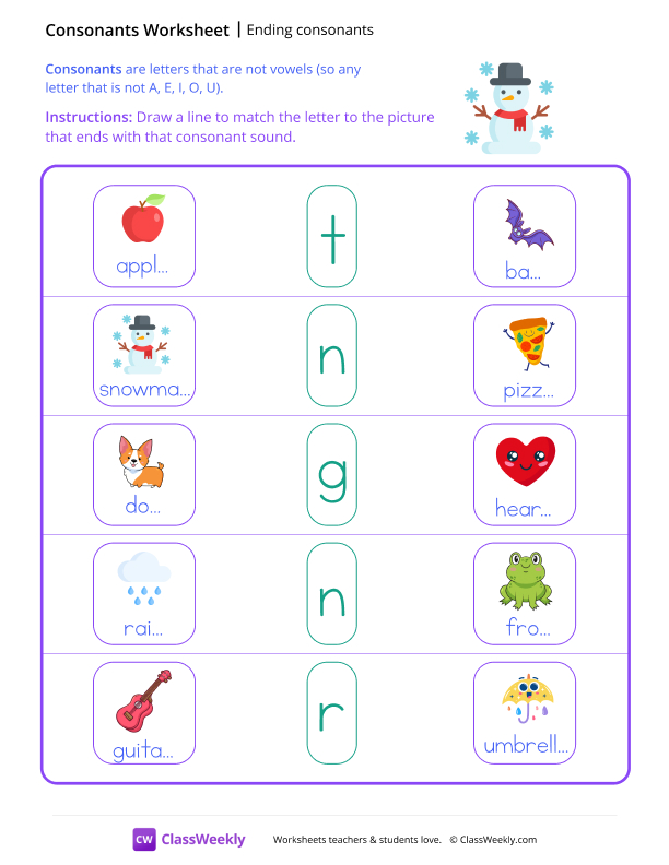 Ending Consonants - Snowman worksheet preview