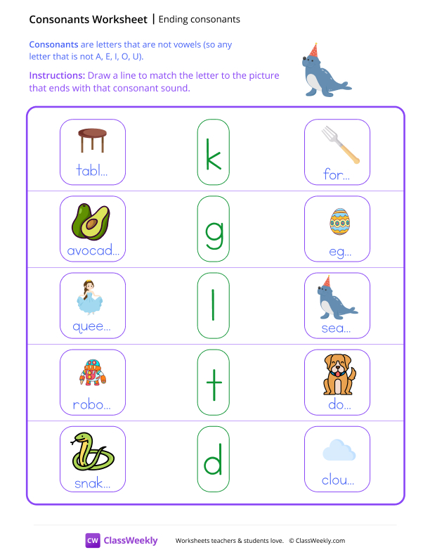 Ending Consonants - Seal worksheet preview