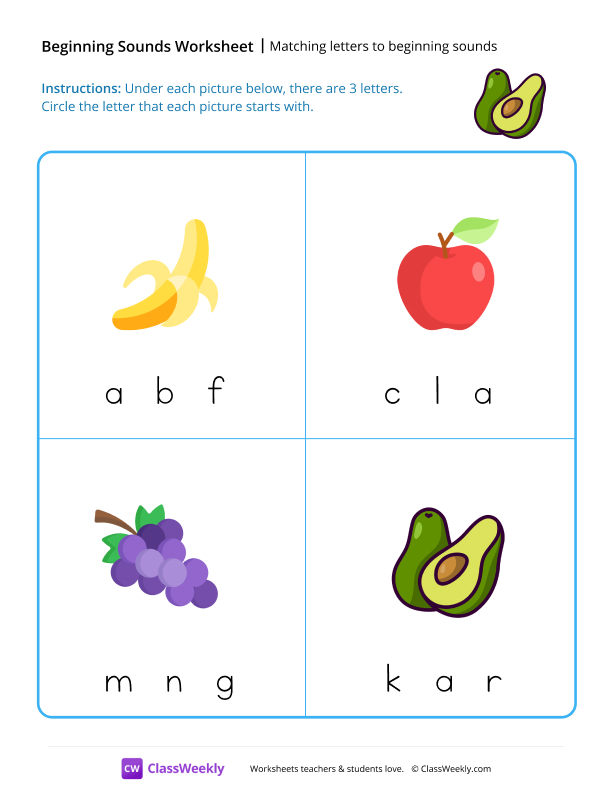Matching Letters to Beginning Sounds - Avocado worksheet preview