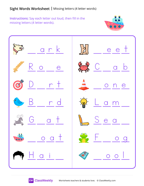 Missing letters (4 letter words) worksheet preview