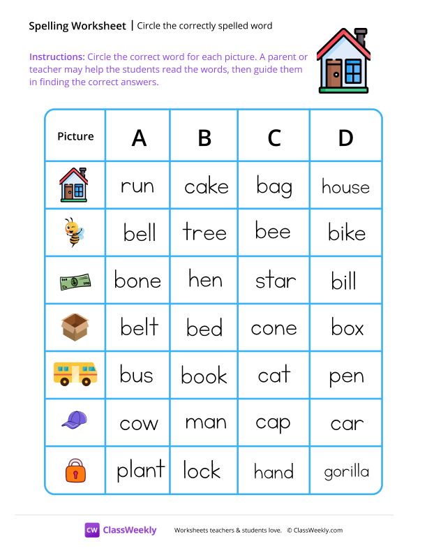 Circle the correctly spelled word - House worksheet preview