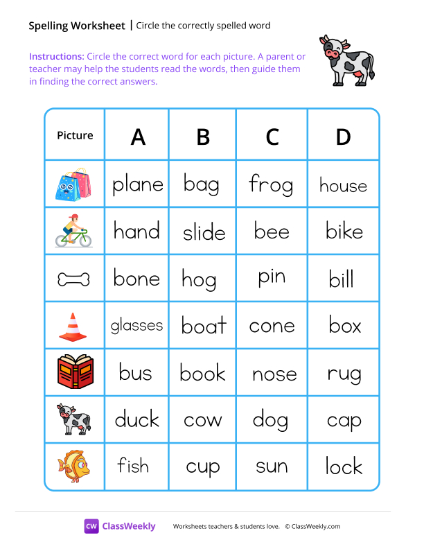 Circle the correctly spelled word - Cow worksheet preview