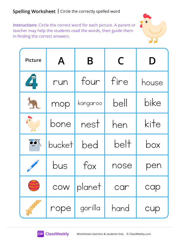 Circle the correctly spelled word - Chicken worksheet preview