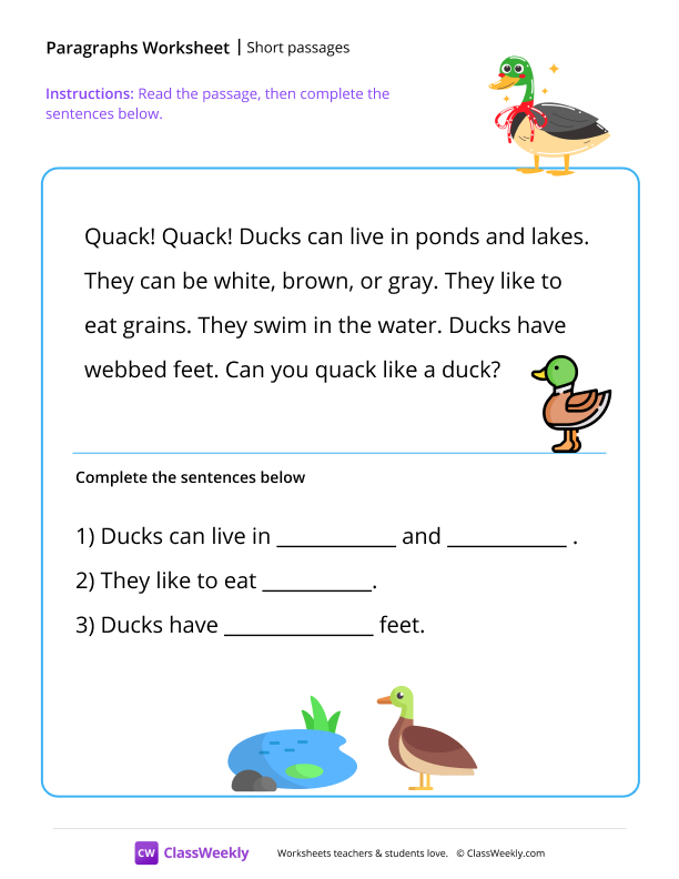 Short passages - Ducks worksheet preview