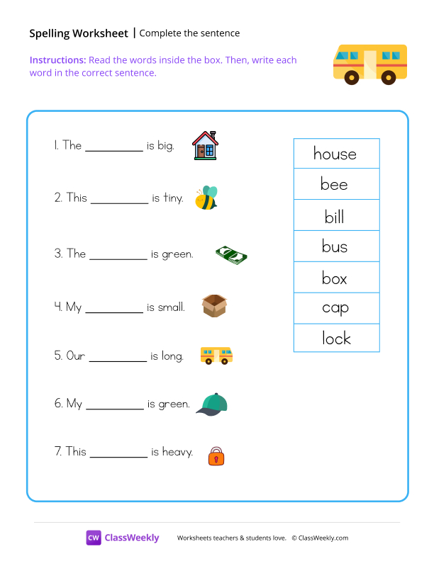 Complete The Sentence - Yellow Bus worksheet preview