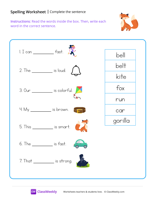 Complete The Sentence - Fox worksheet preview