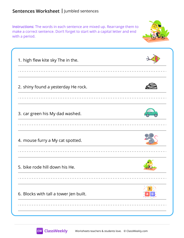 Jumbled sentences - Bike worksheet preview