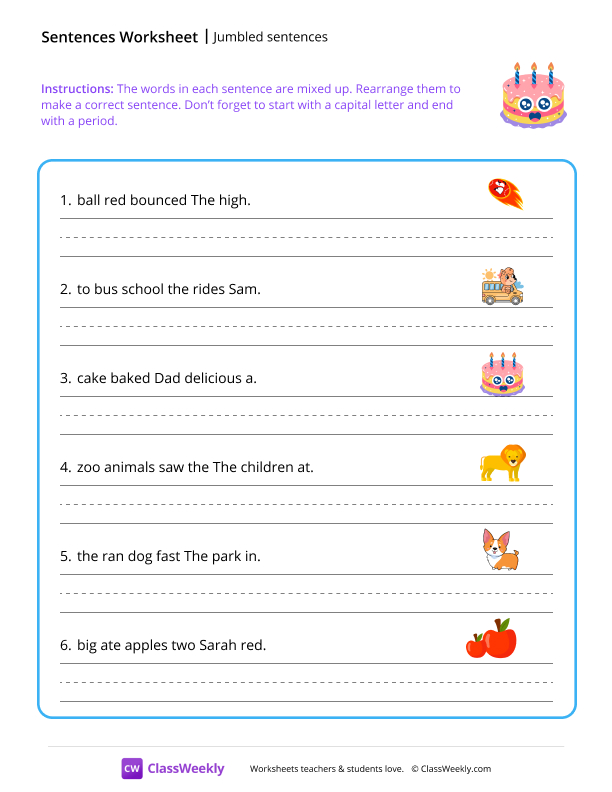 Jumbled sentences - Cake worksheet preview