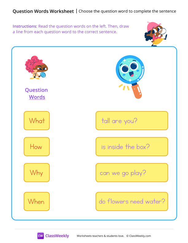 Choose the question word to complete the sentence - Young Detective worksheet preview