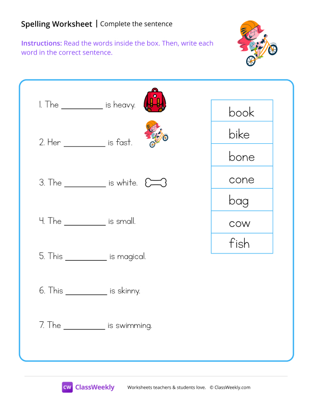 Complete The Sentence - Bike worksheet preview