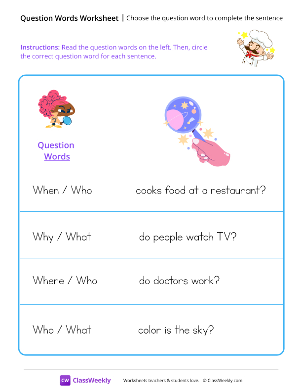Choose the question word to complete the sentence worksheet preview