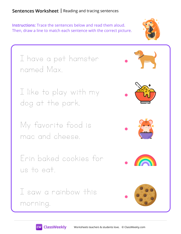 Reading and Tracing Sentences - Hamster worksheet preview