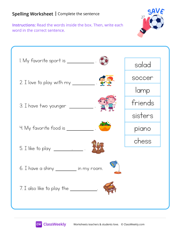 Complete The Sentence - Goal keeper worksheet preview