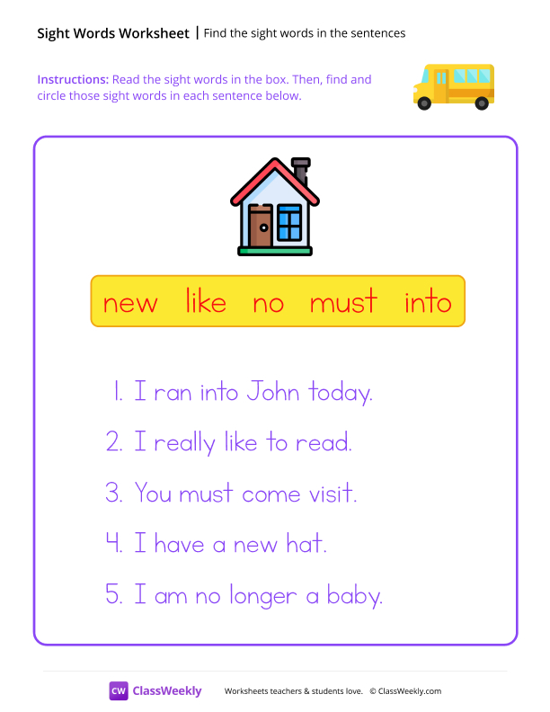 Find the sight words in the sentences - School Bus worksheet preview